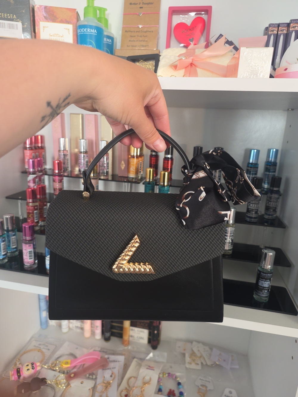 Black Structured Top-Handle Bag with Gold Accent (Mystery Gift Inside)